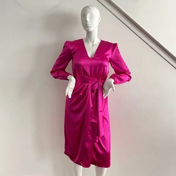 New 97% Silk Faux Wrap Elegant Vibrant Pink Taylor Tillman Long Sleeve Dress M - Picture 8 of 10